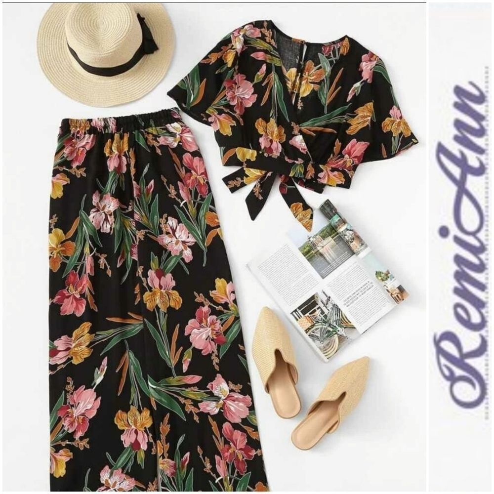Plus Floral Print Blouse With Pants